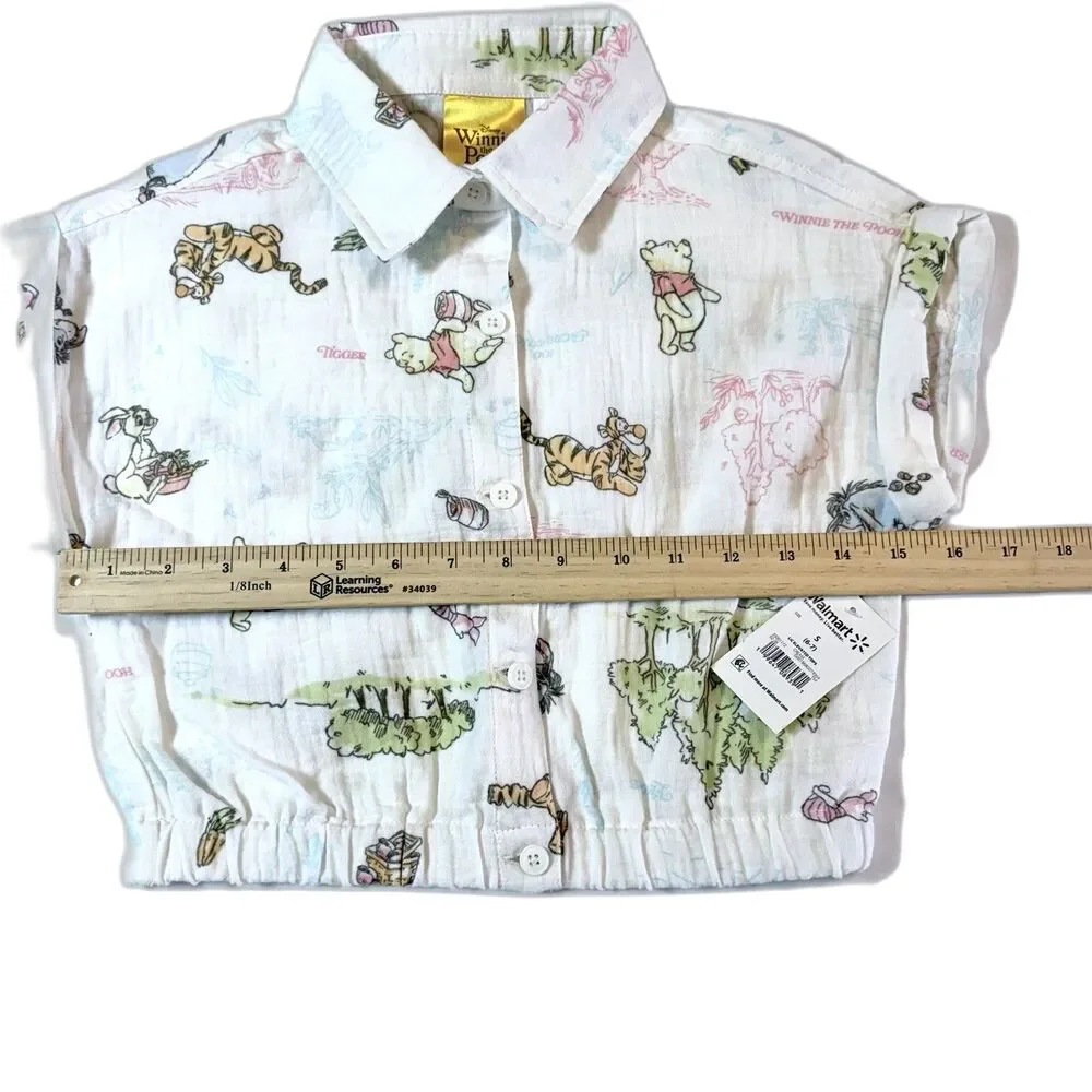 Disney Winnie The Pooh Girls Crop Top Blouse Button Down Short Sleeve Size S NWT